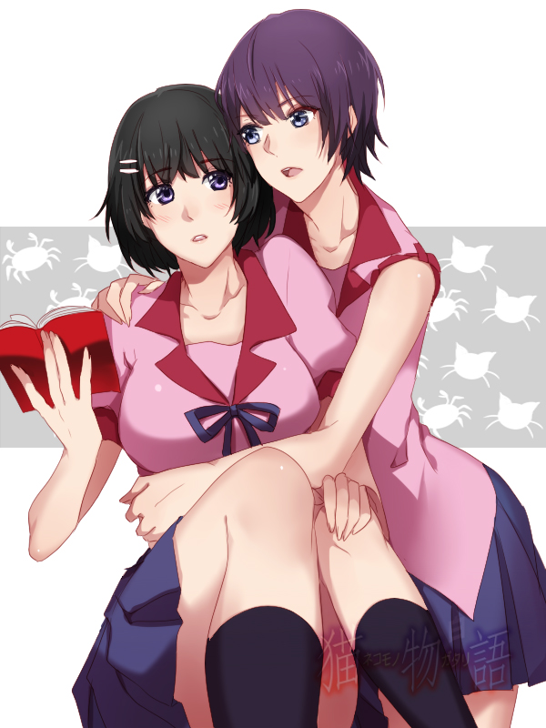 bad_id bad_pixiv_id black_hair blue_eyes blush cat crab hanekawa_tsubasa meron monogatari_(series) multiple_girls open_mouth purple_eyes purple_hair school_uniform senjougahara_hitagi yuri