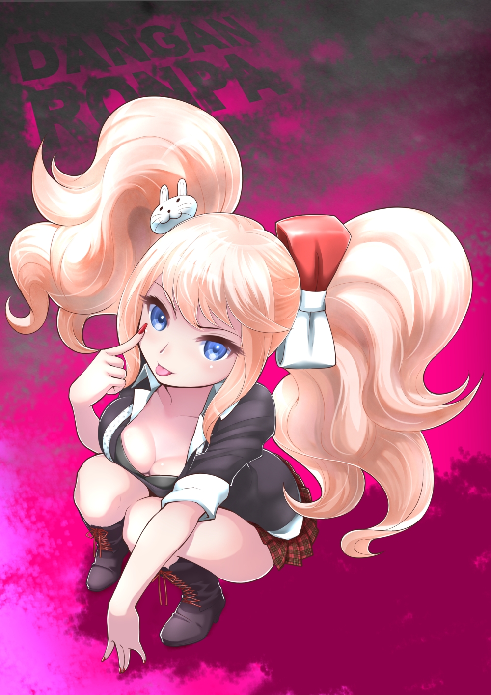 :p akanbe blonde_hair blue_eyes boots bow breasts cleavage collarbone cross-laced_footwear danganronpa danganronpa_1 enoshima_junko hair_bow hair_ornament highres lace-up_boots long_hair medium_breasts nail_polish pleated_skirt rin2008 school_uniform skirt sleeves_rolled_up smile solo tongue tongue_out twintails