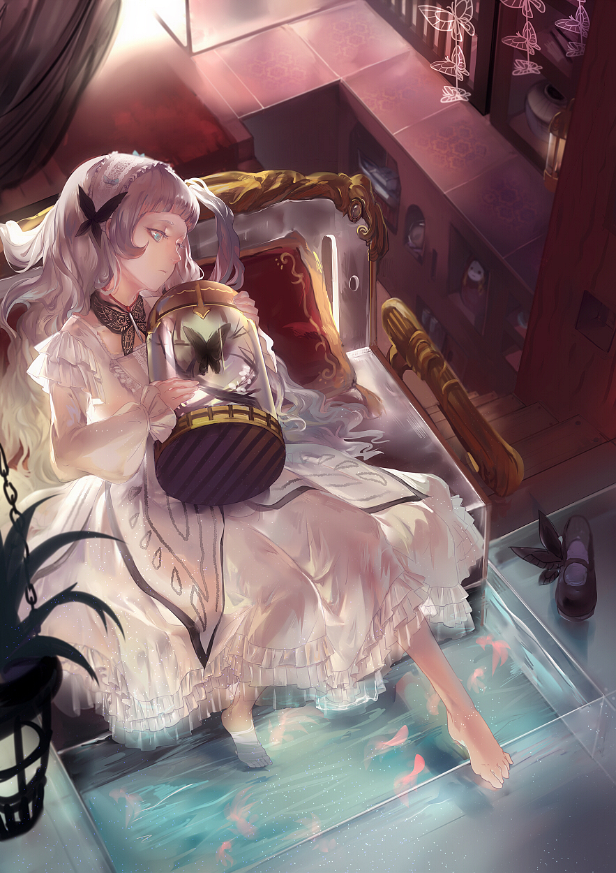 aqua_eyes barefoot bow bug butterfly butterfly_hair_ornament cage chair choker dress feet fish hair_bow hair_ornament highres insect long_hair original pillow rifsom silver_hair sitting soaking_feet solo wading water white_dress yellow_eyes