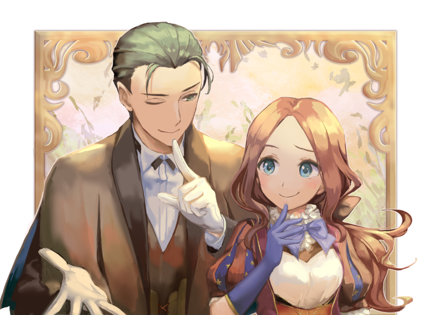 1boy 1girl ;) alle_gro bangs blue_bow blue_eyes blue_gloves blush bow breasts brown_hair brown_jacket brown_vest closed_mouth collared_shirt commentary_request elbow_gloves fate/grand_order fate_(series) finger_to_mouth forehead gloves green_eyes green_hair jacket leonardo_da_vinci_(fate/grand_order) long_hair one_eye_closed open_clothes open_jacket parted_bangs puff_and_slash_sleeves puffy_short_sleeves puffy_sleeves sherlock_holmes_(fate/grand_order) shirt short_sleeves small_breasts smile upper_body vest white_gloves white_shirt