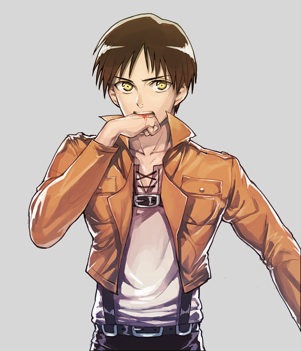 biting blood brown_hair eren_yeager gagharv992 jacket male_focus paradis_military_uniform shingeki_no_kyojin solo yellow_eyes