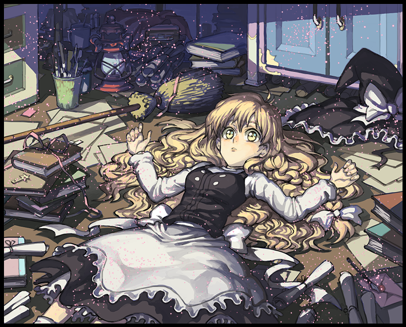 blonde_hair book broom dress gagharv992 hat hat_removed headwear_removed kirisame_marisa long_hair lying messy_room solo touhou witch_hat yellow_eyes