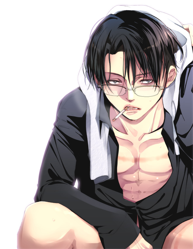 bad_id bad_pixiv_id bespectacled black_hair casual cigarette glasses levi_(shingeki_no_kyojin) male_focus shingeki_no_kyojin shirai solo towel towel_around_neck