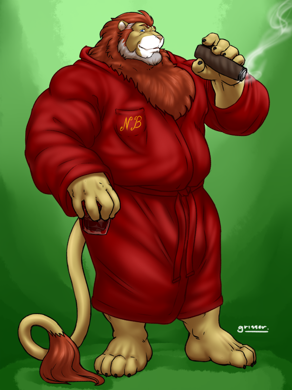 alcohol anthro beard beverage blue_eyes brandy cigar classy facial_hair father feline fur grey_hair grisser hair hairy lion looking_at_viewer male mammal nedris older_male parent red_hair robe smoking solo