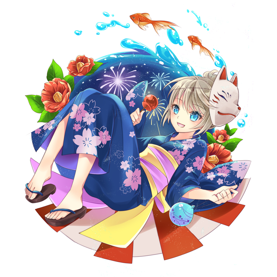 blonde_hair blue_eyes feet fish flower full_body geta japanese_clothes kimono mask minland4099 original sandals short_hair simple_background smile solo toes water