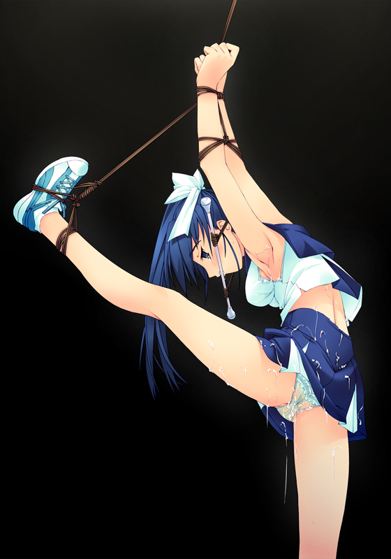 1girl bdsm blue_eyes blue_hair bondage bound cheerleader female gagged leg_up murakami_suigun panties pussy_juice skirt solo spread_legs tied_up underwear upskirt