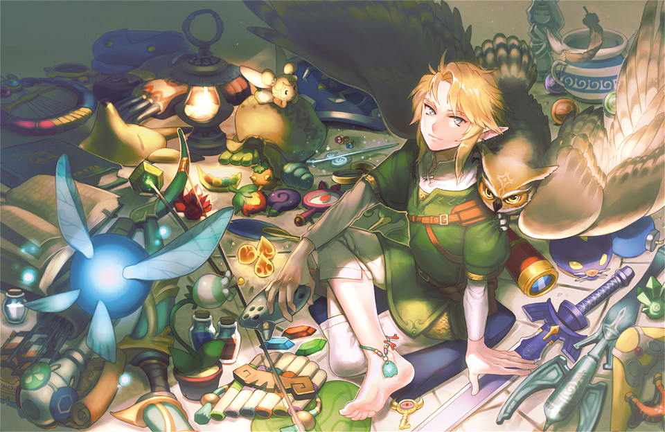 anklet banned_artist barefoot bird blonde_hair blue_eyes jewelry key kissai lantern link master_sword navi owl plant pointy_ears sitting smile sword the_legend_of_zelda the_legend_of_zelda:_ocarina_of_time weapon