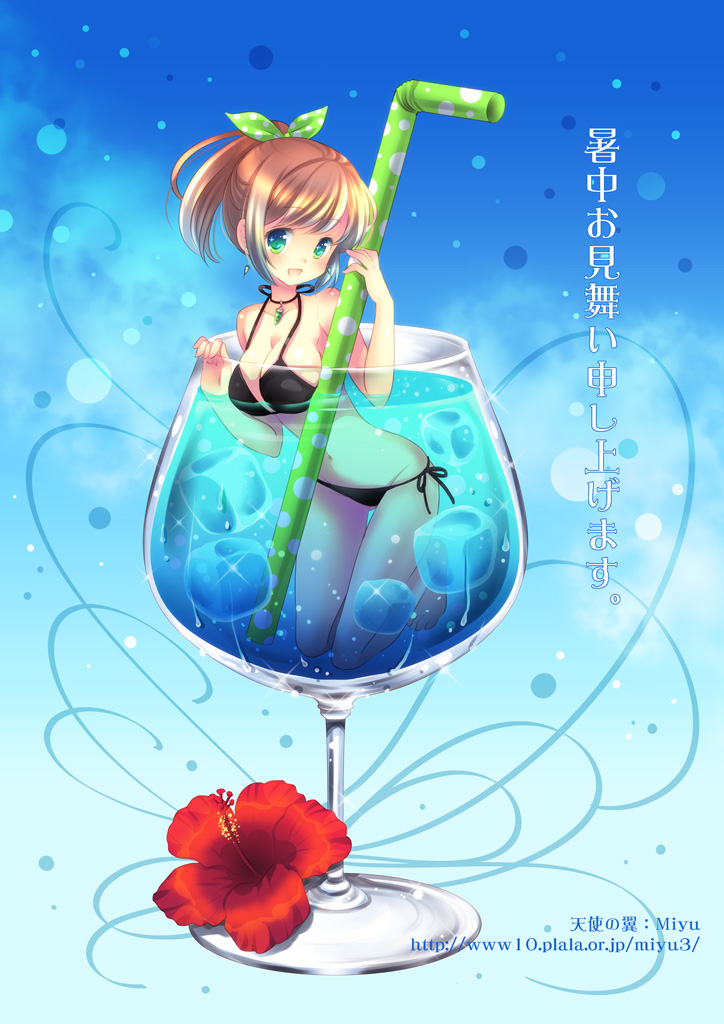 bikini blue_hawaii brown_hair drink drinking_straw flower glass goblet green_eyes hibiscus ice ice_cube in_container long_hair minigirl miyu_(botan) original oversized_object ponytail shochuumimai solo swimsuit tropical_drink