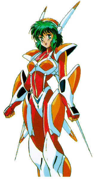 1girl 90s armor body_suit bodysuit clenched_hand green_eyes green_hair hirano_toshihiro iczelion iczer_(series) kai_nagisa official_art oldschool short_hair smile solo standing white_background