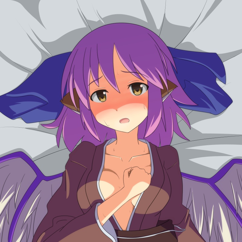 animal_ears bed_sheet blush breasts cato_(monocatienus) hand_on_own_chest head_scarf japanese_clothes long_sleeves looking_at_viewer lying medium_breasts mystia_lorelei okamisty on_back on_bed open_clothes open_mouth pink_hair short_hair solo touhou upper_body wings