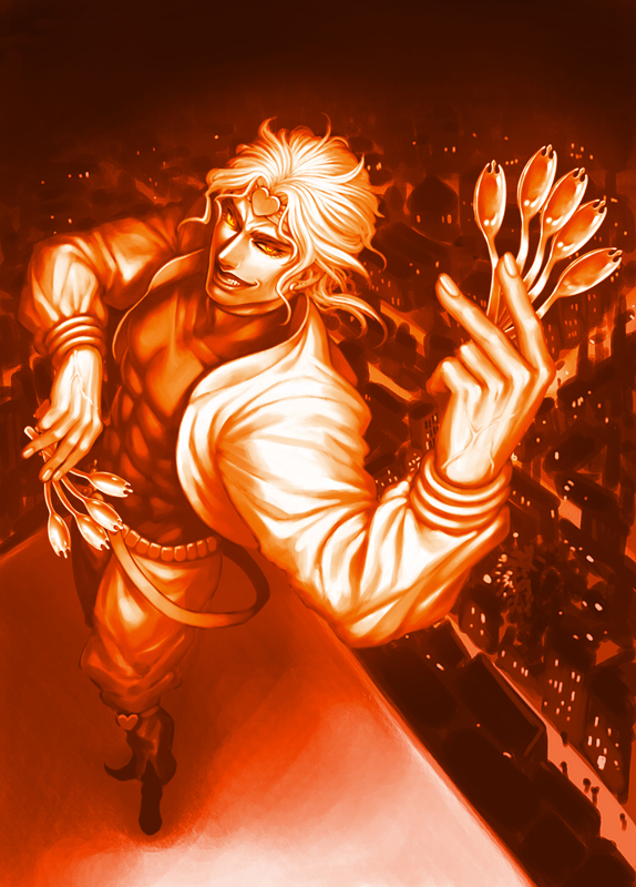 between_fingers city city_lights dio_brando earrings evil_grin evil_smile glowing glowing_eyes grin headband heart jacket jewelry jojo_no_kimyou_na_bouken looking_at_viewer male_focus monochrome muscle parody pointy_shoes red rollingcalling rooftop shoes skin_tight sleeveless sleeveless_turtleneck smile solo spork turtleneck veins