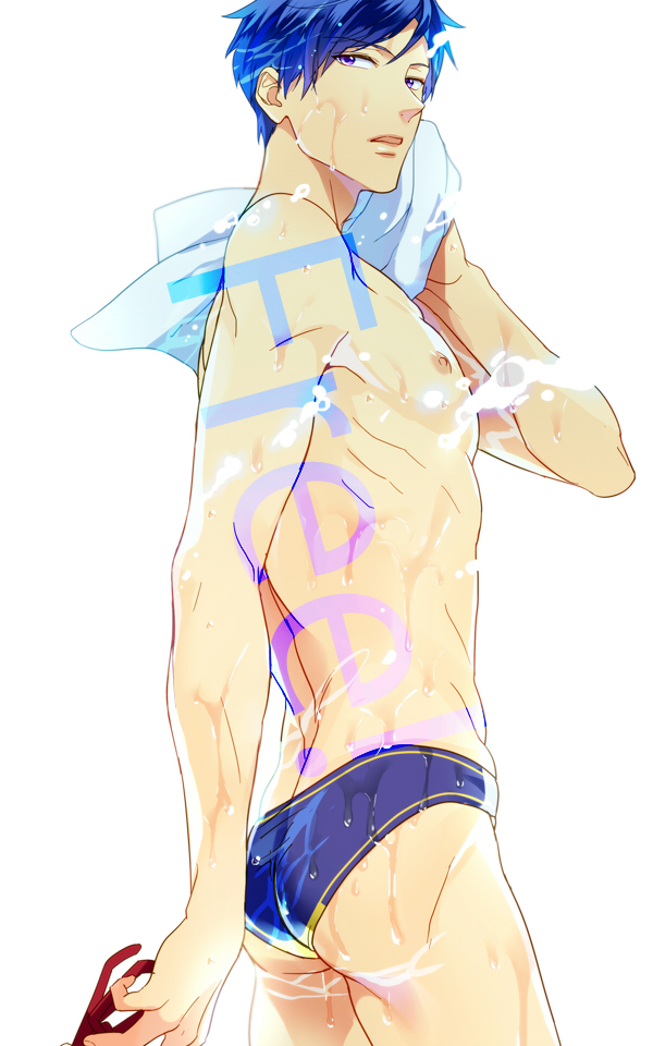 ass blue_eyes blue_hair eyewear_removed free! glasses holding holding_eyewear male_focus male_swimwear matsuo_shin ryuugazaki_rei swim_briefs swimwear wet