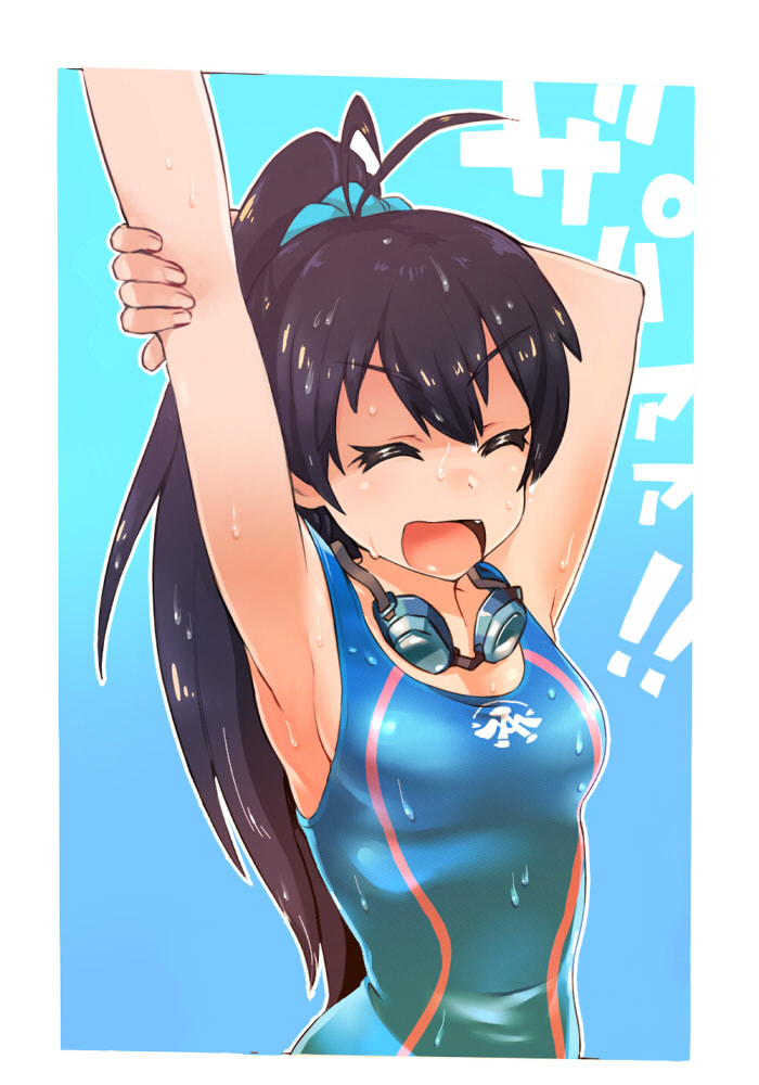 arms_up black_hair closed_eyes competition_swimsuit fang ganaha_hibiki go-gyan-sun idolmaster idolmaster_(classic) long_hair one-piece_swimsuit open_mouth swimsuit
