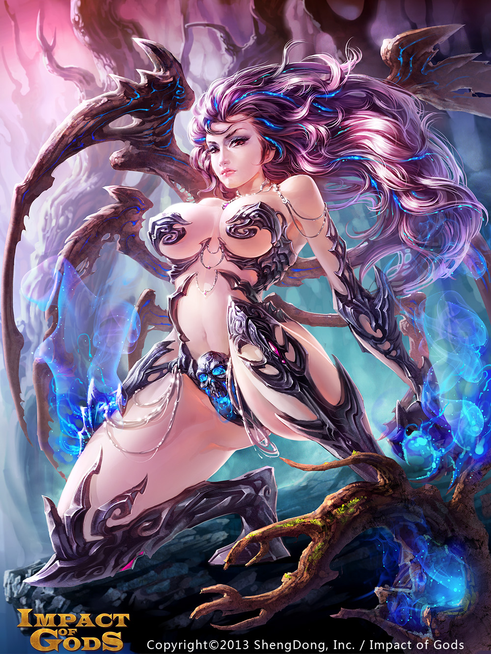 breasts claws cleavage highres impact_of_gods jewelry large_breasts long_hair pink_eyes pink_hair solo zhang_wei_yi