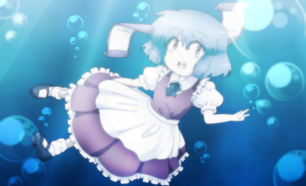 :d ascot blue_hair bobby_socks bubble chibi dress frilled_dress frills full_body lenk64 light_rays looking_at_viewer mary_janes nansei_project non-web_source open_mouth puffy_short_sleeves puffy_sleeves red_dress red_eyes sakka_kira scroll shoes short_hair short_sleeves smile socks solo sunbeam sunlight teeth underwater v wet wet_clothes