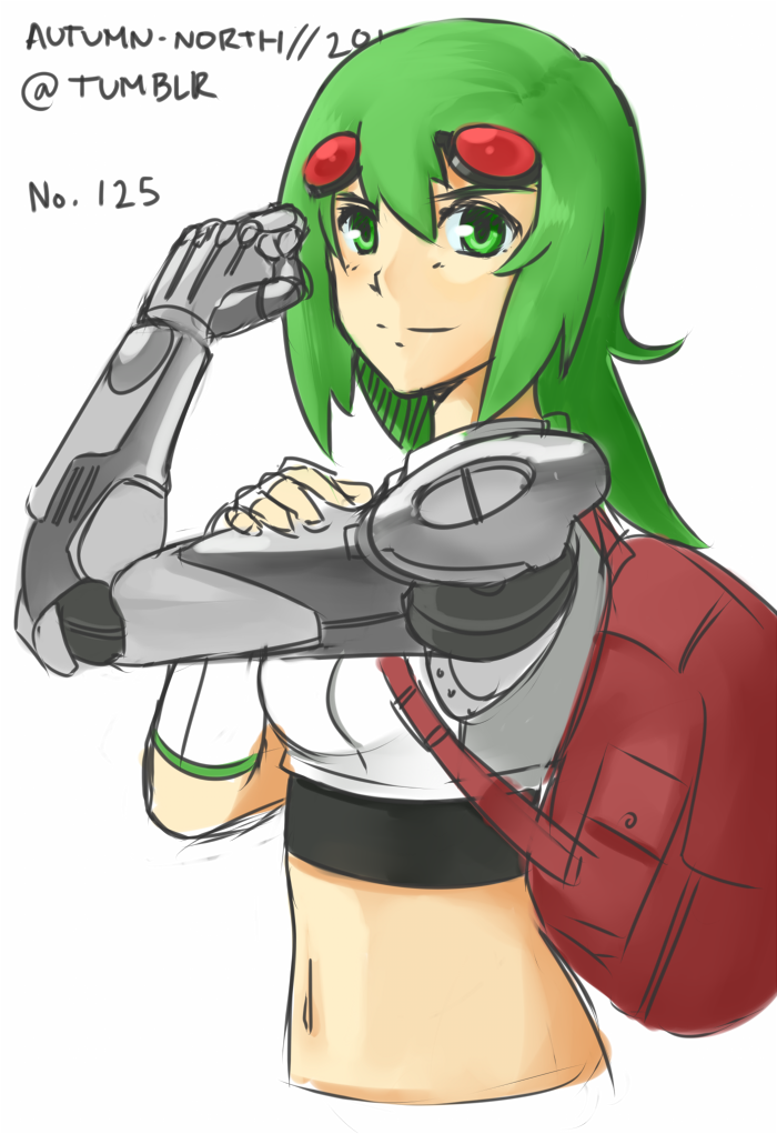 alternate_hair_length alternate_hairstyle autumn-north backpack bag crop_top cyborg gloves goggles goggles_on_head green_eyes green_hair gumi long_hair mechanical_arm midriff navel single_glove smile solo upper_body vocaloid
