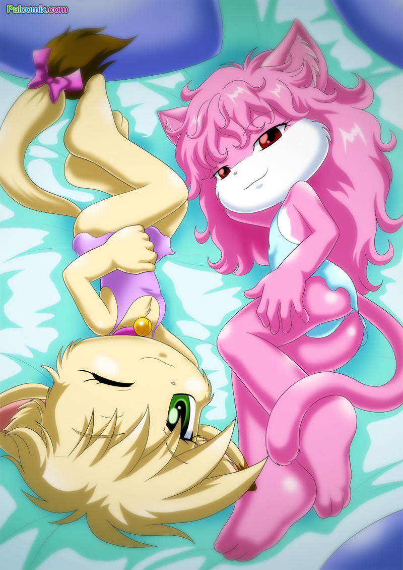 bbmbbf bed blonde_hair butt cat cute duo feline female flat_chested green_eyes hair long_hair looking_at_viewer mammal one_eye_closed pillow pink_hair red_eyes smile wink