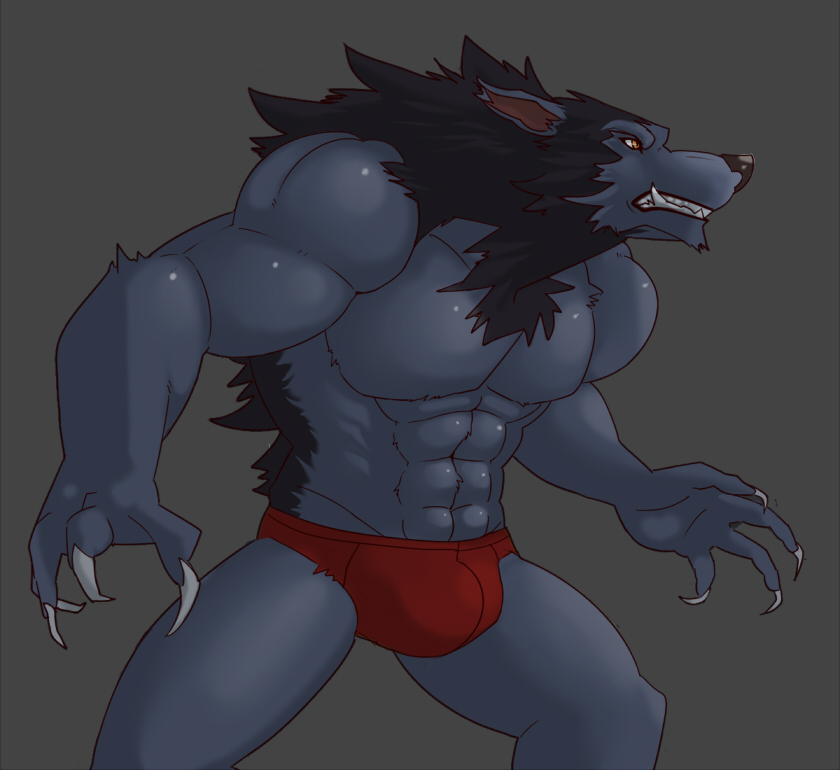 abs anthro biceps big_muscles black_hair black_nose bulge canine chest_tuft claws fangs fur grey_fur hair istani male mammal muscles orange_eyes pecs pose solo standing teeth toned topless tuft underwear video_games warcraft were werewolf wolf worgen