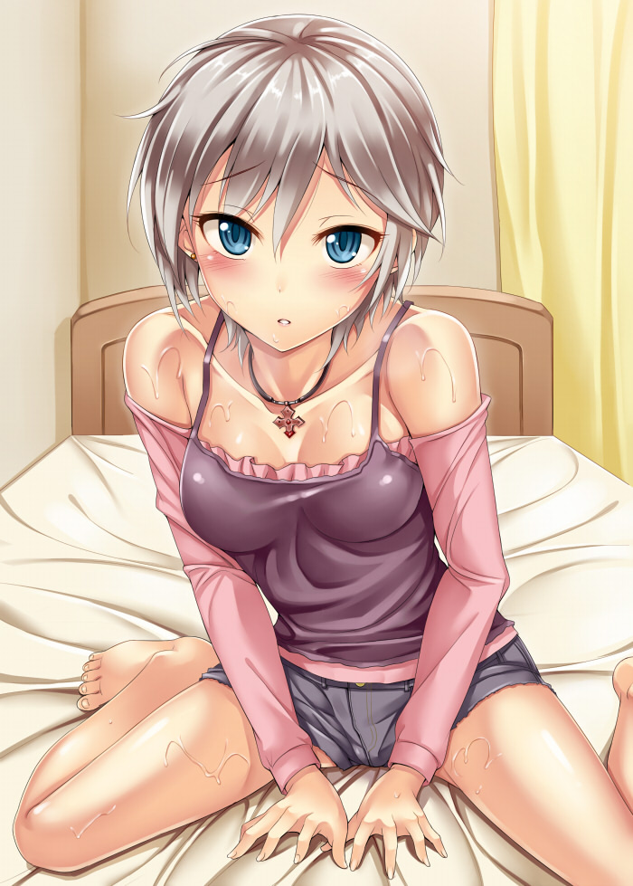 anastasia_(idolmaster) barefoot bed blue_eyes blush breasts camisole camisole_over_clothes curtains earrings idolmaster idolmaster_cinderella_girls jewelry kisugi_akira looking_at_viewer medium_breasts necklace on_bed parted_lips short_hair silver_hair sitting solo sweat tsurime wariza