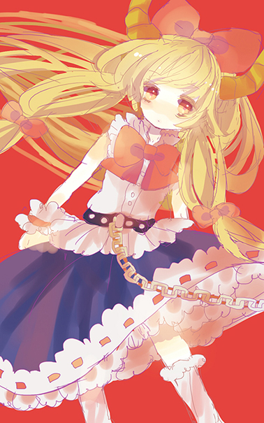 bow chain hair_bow hiyuu_(hiyualice) horns ibuki_suika long_hair orange_hair red_eyes ribbon shirt skirt sleeveless solo touhou