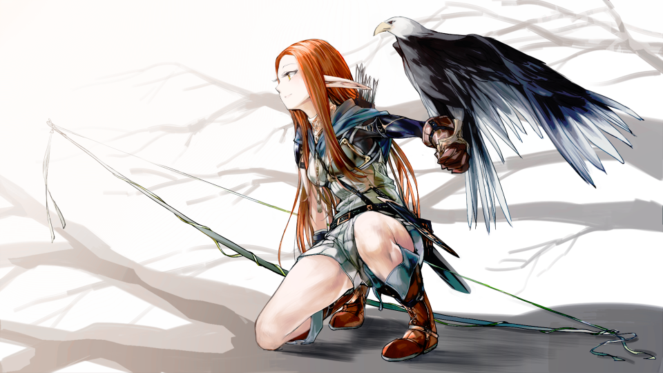 arm_rest arrow bad_id bad_pixiv_id bird boots bow_(weapon) breasts eagle elf geppewi gloves long_hair medium_breasts original pointy_ears quill shorts smile solo squatting weapon