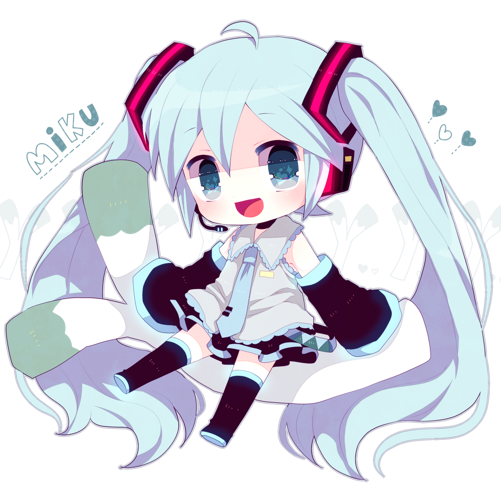 ahoge aqua_eyes aqua_hair bad_id bad_pixiv_id boots character_name chibi detached_sleeves full_body haru431 hatsune_miku headset long_hair necktie open_mouth skirt sleeves_past_wrists solo spring_onion thigh_boots thighhighs twintails very_long_hair vocaloid white_background