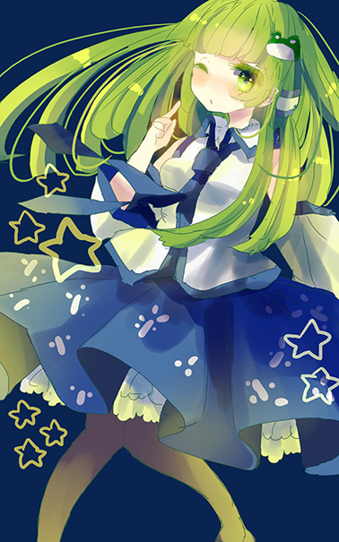 ;o blush breasts detached_sleeves frog_hair_ornament green_eyes green_hair hair_ornament hair_tubes hiyuu_(hiyualice) kochiya_sanae long_hair medium_breasts necktie one_eye_closed skirt solo touhou