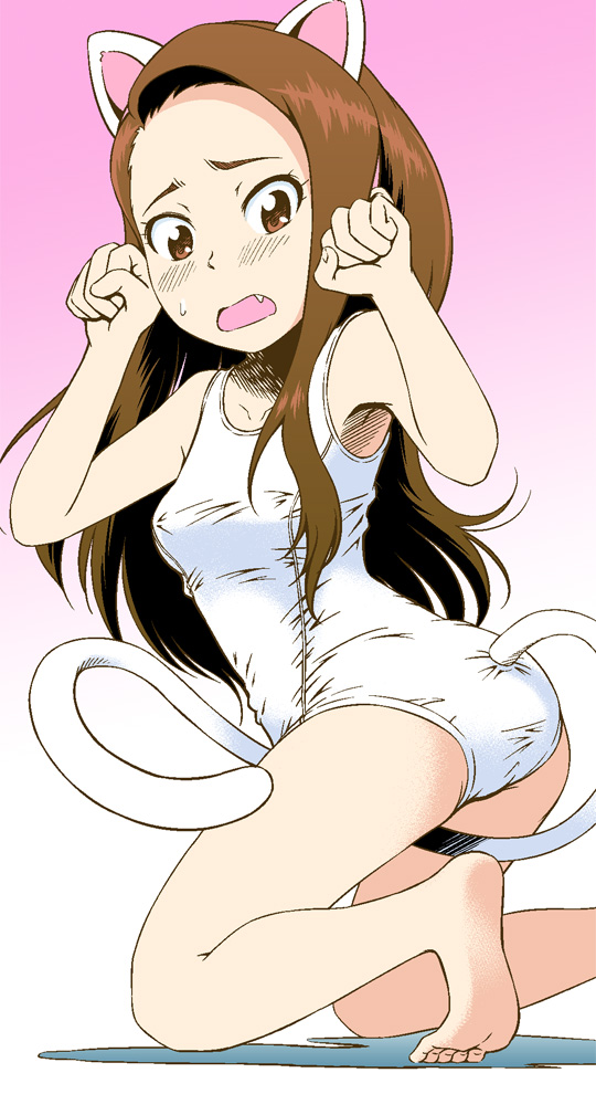 animal_ears barefoot blush brown_eyes brown_hair cat_ears cat_tail fang idolmaster idolmaster_(classic) kemonomimi_mode kneeling long_hair m-yuki minase_iori one-piece_swimsuit open_mouth paw_pose solo swimsuit tail white_swimsuit