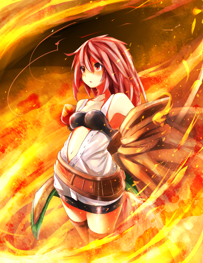 breasts duel_monster fire flame hiita looking_away medium_breasts red_eyes red_hair shaded_face skirt solo suno-pi yuu-gi-ou