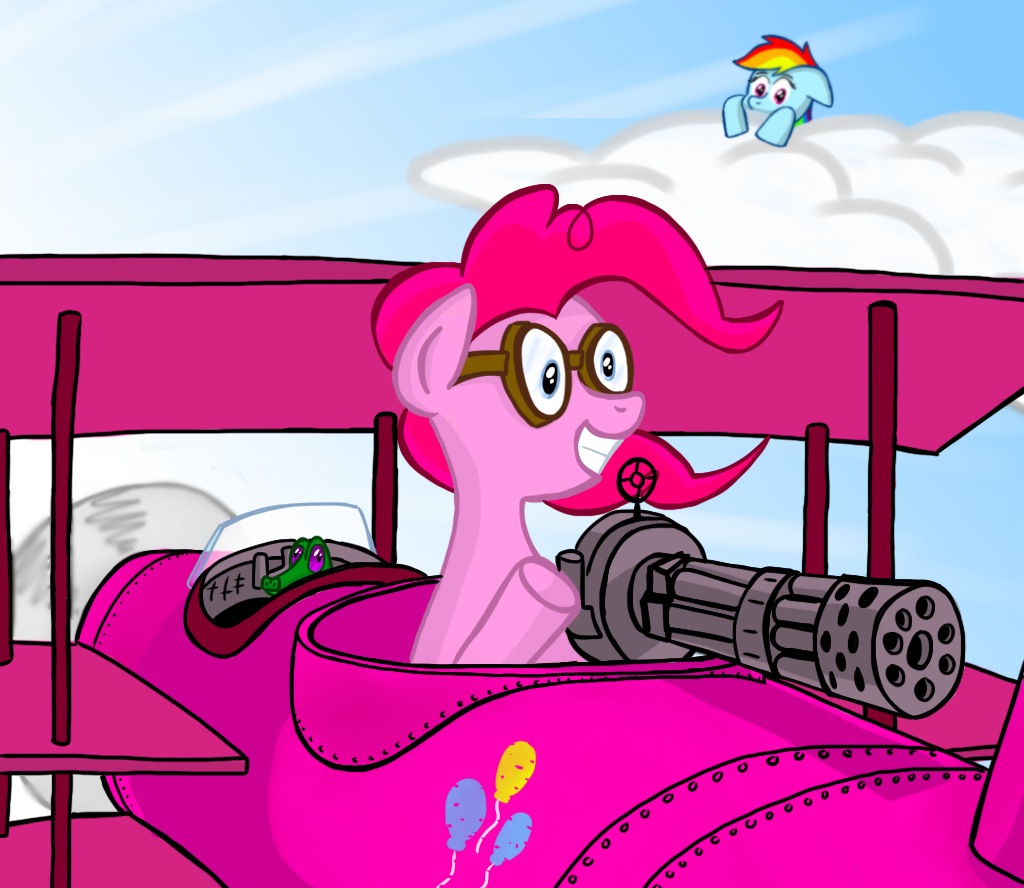 airplane alligator cloud clouds equine eyewear female feral flying friendship_is_magic fur goggles gummy_(mlp) horse male mammal minigun my_little_pony petirep pink_fur pinkie_pie_(mlp) pony rainbow_dash_(mlp) reptile scalie triplane