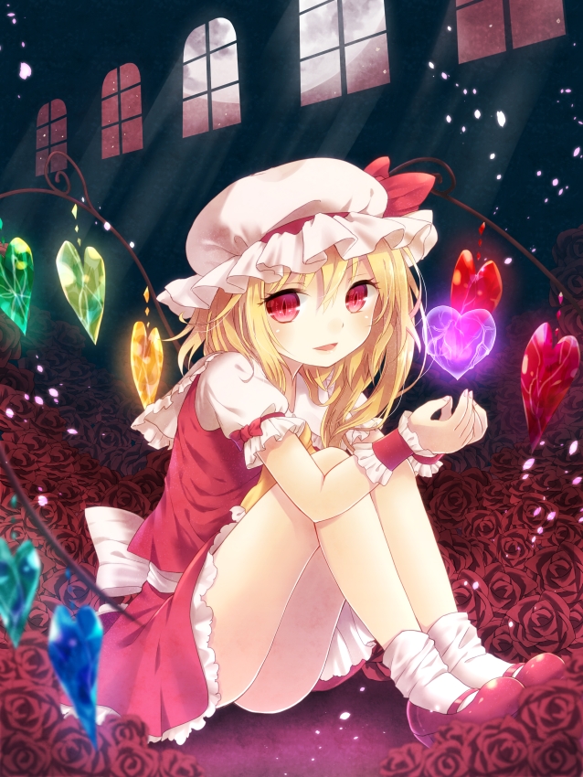 ascot bad_id bad_pixiv_id bare_legs blonde_hair flandre_scarlet flower full_moon hat heart heart_wings mob_cap moon nunucco open_mouth red_eyes rose short_hair side_ponytail sitting skirt skirt_set smile solo touhou window wings wrist_cuffs