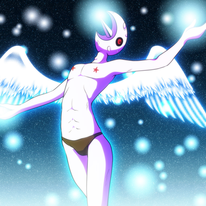 1boy angel_wings artist_request black_sclera crescent_moon feathers lunatone moon muscle pasties personification pokemon red_eyes shiratsuki solo speedo star swim_briefs what wings