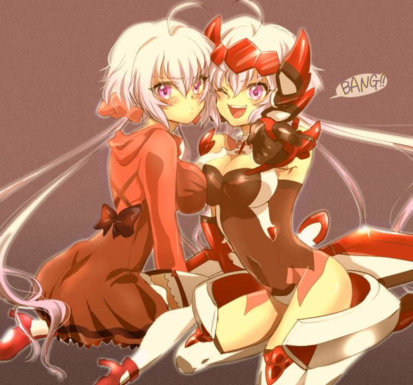 ;d bang bodysuit breasts cleavage dress dual_persona english finger_gun gun hair_ornament headphones high_heels long_hair looking_at_viewer medium_breasts multiple_girls one_eye_closed open_mouth purple_eyes red_dress ribbon senki_zesshou_symphogear shoes silver_hair smile thighhighs trd twintails weapon white_legwear yukine_chris