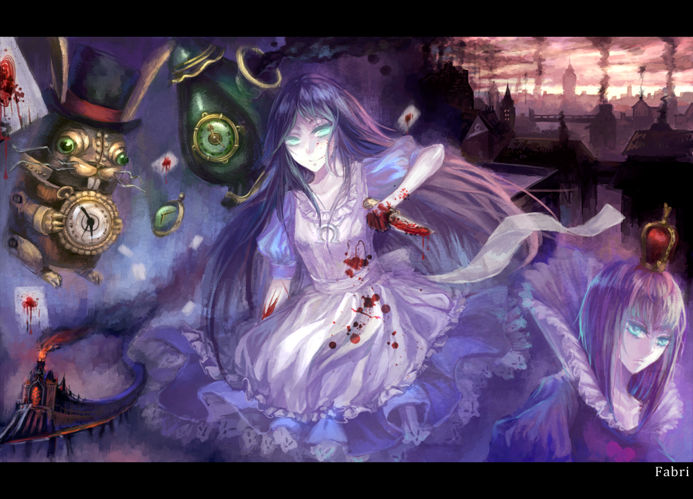 alice:_madness_returns alice_(wonderland) alice_in_wonderland american_mcgee's_alice aqua_eyes artist_name bad_id bad_pixiv_id black_hair blood building bunny card chimney clock crown dress fabri ground_vehicle hat knife letterboxed long_hair multiple_girls playing_card queen_of_hearts smoke train