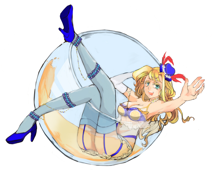 bad_id bad_pixiv_id bikini blonde_hair blue_eyes breasts cleavage elbow_gloves garter_straps gloves grey_legwear hat high_heels highleg highleg_bikini highleg_swimsuit leg_lift medium_breasts mini_hat navel orangina outstretched_hand partially_submerged personification sakaguchi see-through shoes single_elbow_glove solo strap_slip swimsuit thighhighs