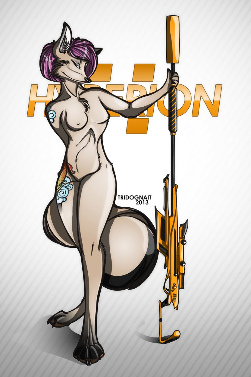 anthro canine female fox gun hair hyperion impreza mammal pink_hair ranged_weapon rifle solo tridognait weapon
