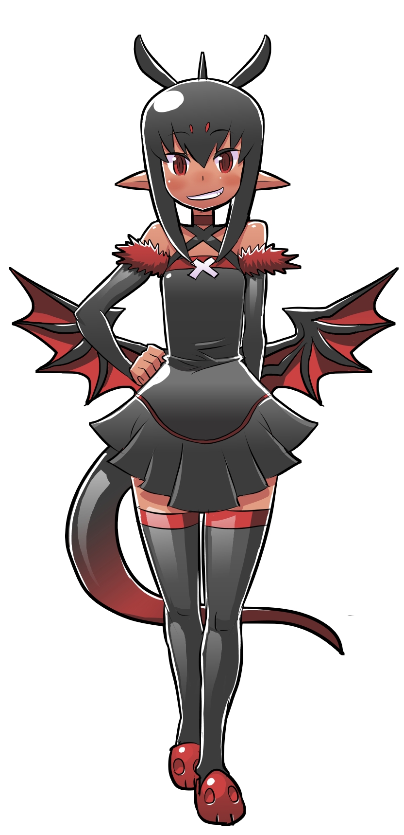aku-yome antenna_hair backless_outfit bad_id bad_tumblr_id bare_shoulders black_legwear blush choker dark_skin demon_girl demon_wings detached_sleeves flat_chest fur_trim grin hand_on_hip highres matsuda_yuusuke mini_wings original pleated_skirt red_eyes revision ringed_eyes skirt slippers smile solo succubus tail thighhighs white_background wings
