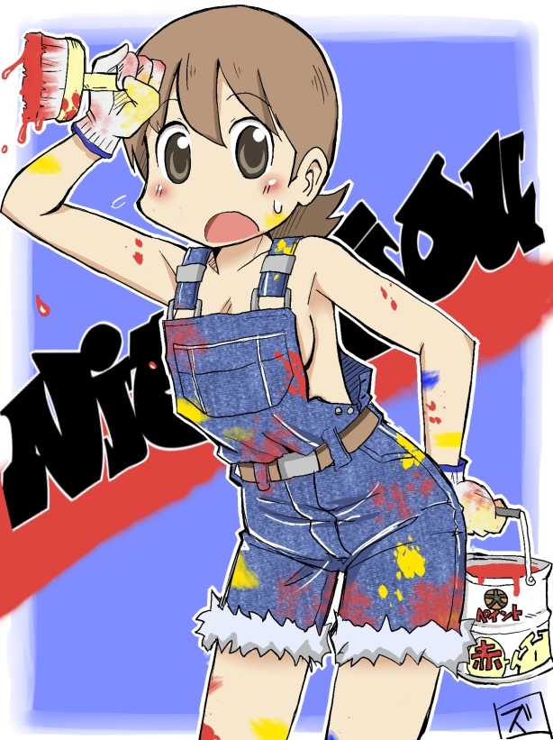 1girl aioi_yuuko armpits belt blue_background breasts brown_eyes brown_hair dirty gloves looking_at_viewer naked_overalls nichijou open_mouth overalls paint paintbrush short_hair sideboob solo sweat zubatto