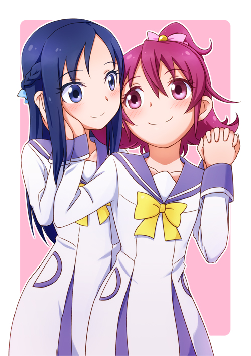 aida_mana blue_eyes blue_hair blue_sailor_collar blush braid couple dokidoki!_precure eye_contact half_updo hand_on_another's_cheek hand_on_another's_face hishikawa_rikka holding_hands interlocked_fingers long_hair looking_at_another minu multiple_girls oogai_daiichi_middle_school_uniform pink_background pink_eyes pink_hair precure sailor_collar school_uniform short_hair simple_background smile yuri