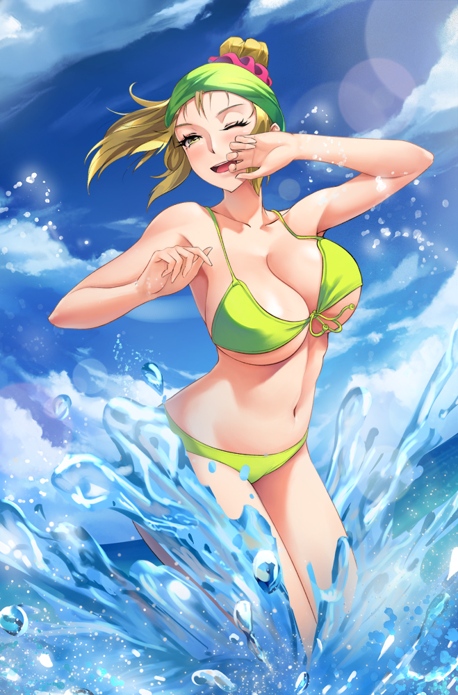 1girl :d bikini blonde_hair blue_sky breasts cleavage cloud collarbone covering_face front-tie_bikini front-tie_top green_bikini hair_ornament hair_scrunchie hands_up large_breasts looking_at_viewer obaoba_(monkeyix) one_eye_closed open_mouth original outdoors pink_scrunchie ponytail scrunchie sky smile solo standing swimsuit upper_teeth wading water yellow_eyes