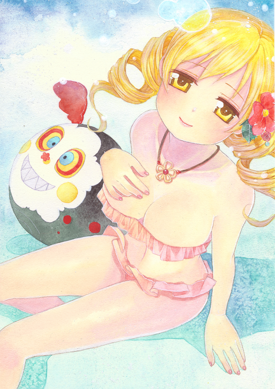 bikini blonde_hair breasts charlotte_(madoka_magica) cleavage drill_hair flower hair_flower hair_ornament highres jewelry large_breasts long_hair mahou_shoujo_madoka_magica nail_polish necklace smile solo swimsuit tomoe_mami twin_drills twintails yellow_eyes