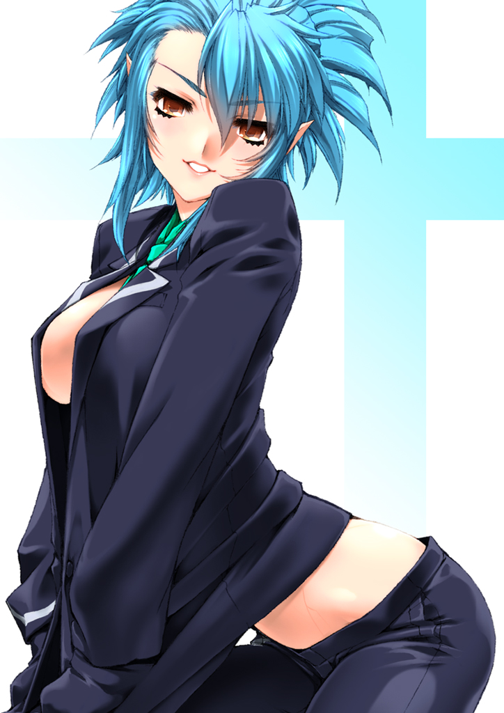 blue_eyes blue_hair breasts brown_eyes busou_shinki looking_at_viewer medium_breasts midriff miss_black necktie open_clothes proxima short_hair smile solo