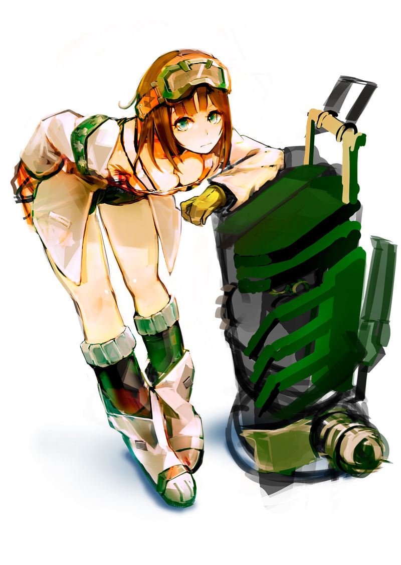 ankle_boots bag bent_over boots breasts brown_hair character_request cleavage copyright_request downblouse gloves goggles goggles_on_head green_eyes jacket leg_warmers medium_breasts short_hair short_shorts shorts so-bin solo