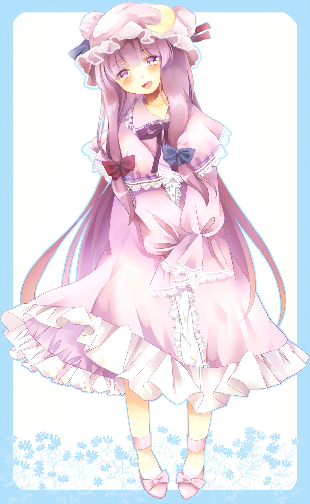 bad_id bad_pixiv_id blush capelet crescent dress frame hair_ribbon hat long_hair long_sleeves open_mouth patchouli_knowledge pink_dress purple_eyes purple_hair ribbon smile solo touhou tress_ribbon ukita_uuko v_arms very_long_hair wide_sleeves