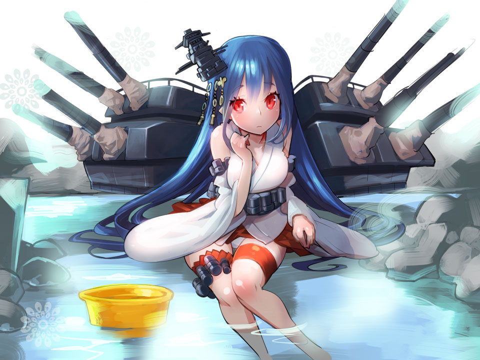 alternate_hairstyle bare_shoulders blue_eyes blue_hair breasts bucket detached_sleeves hair_ornament kantai_collection long_hair medium_breasts nontraditional_miko onsen panties partially_submerged red_eyes sitting solo underwear water wide_sleeves wooden_bucket xanado yamashiro_(kantai_collection)