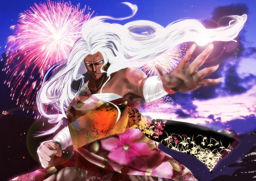 bandages bare_shoulders brown_hair cloud danganronpa danganronpa_1 dark_skin fighting_stance fireworks floating_hair floral_print japanese_clothes kajii_supana lens_flare looking_at_viewer oogami_sakura outdoors outstretched_arm scar solo upper_body white_hair