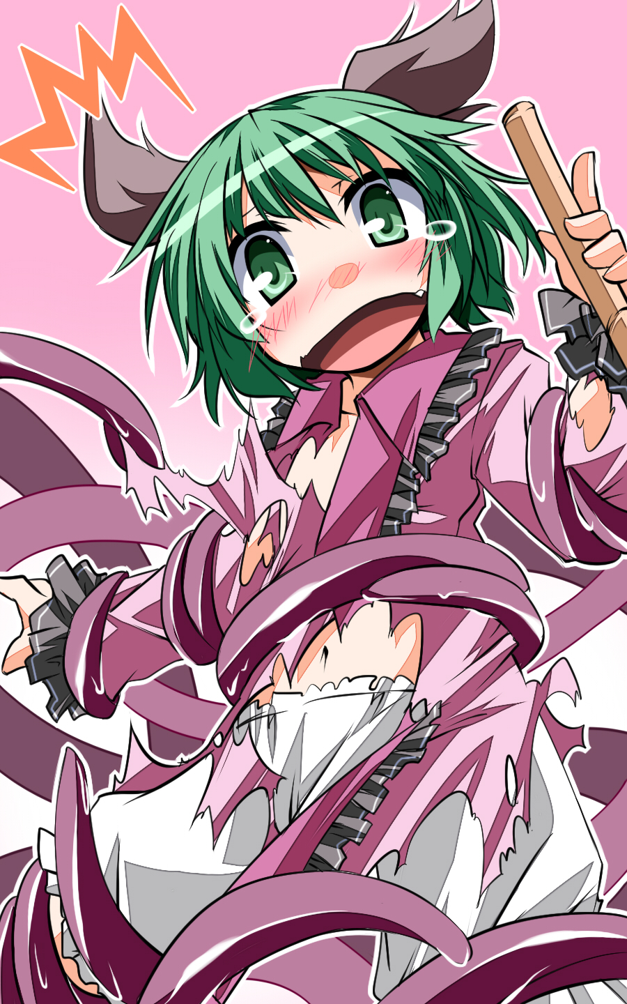 1girl animal_ears bamboo_broom bloomers blush broom dress fang green_eyes green_hair hemogurobin_a1c highres kasodani_kyouko long_sleeves navel open_mouth pink_background short_hair solo tears tentacles torn_clothes torn_dress touhou underwear