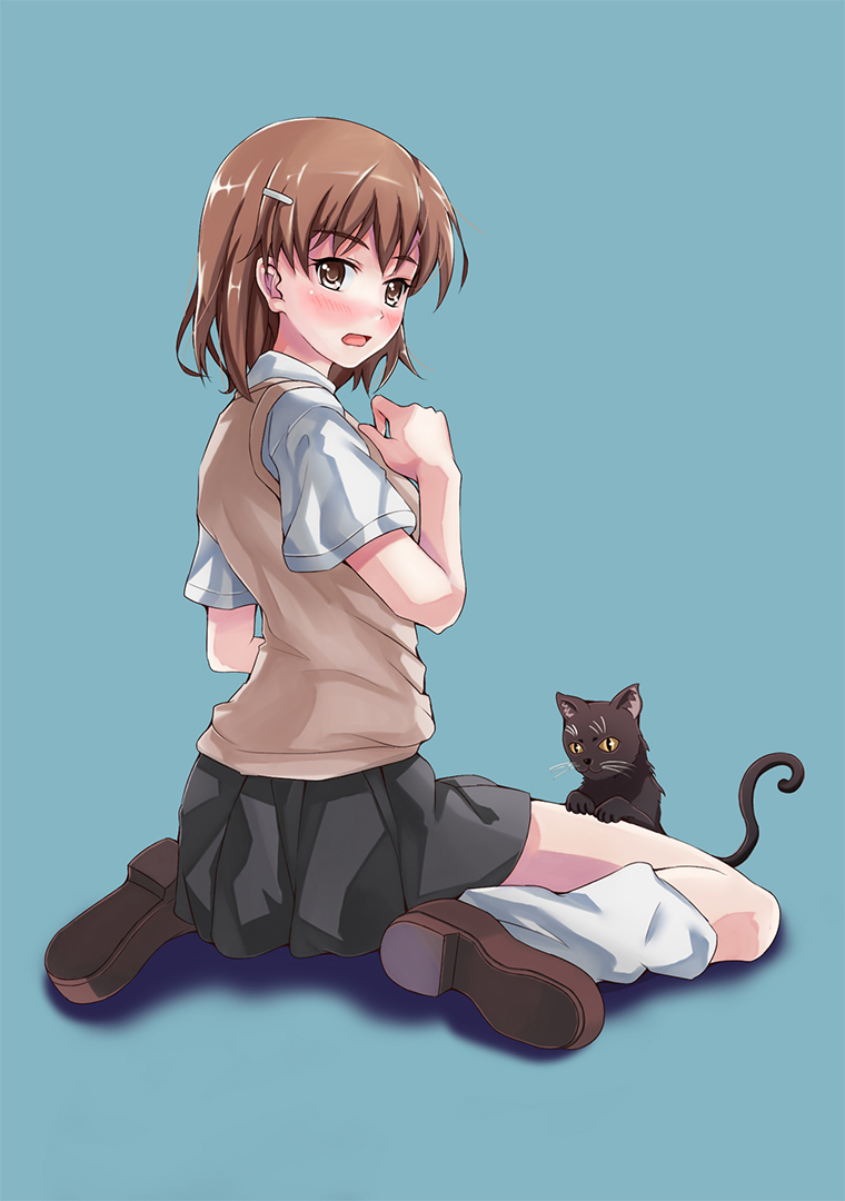 blush brown_eyes brown_hair cat hair_ornament hairpin misaka_mikoto sardonyx school_uniform skirt solo to_aru_kagaku_no_railgun to_aru_majutsu_no_index