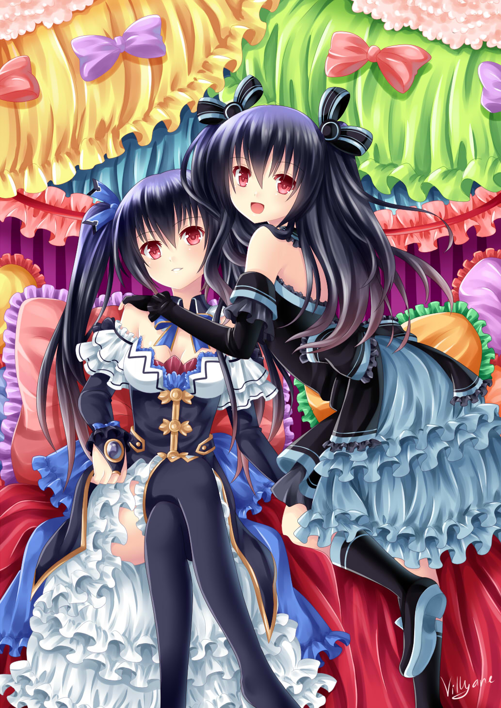 artist_name bare_shoulders black_hair black_legwear bow breasts bridal_gauntlets cleavage dress elbow_gloves frilled_dress frills gloves gradient_hair hair_ornament hair_ribbon highres kneehighs long_hair looking_at_viewer medium_breasts multicolored_hair multiple_girls neptune_(series) noire open_mouth red_eyes ribbon siblings signature sisters smile thighhighs twintails two_side_up uni_(choujigen_game_neptune) villyane