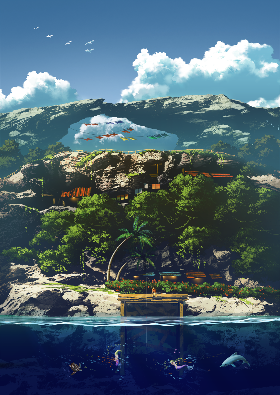 2girls bird blonde_hair clothesline cloud day diving dolphin fish fishing fishing_line fishing_rod highres island laundry long_hair mermaid mocha_(cotton) monster_girl mountain multiple_girls ocean original outdoors palm_tree railing scenery sitting sky submerged tree turtle water water_surface